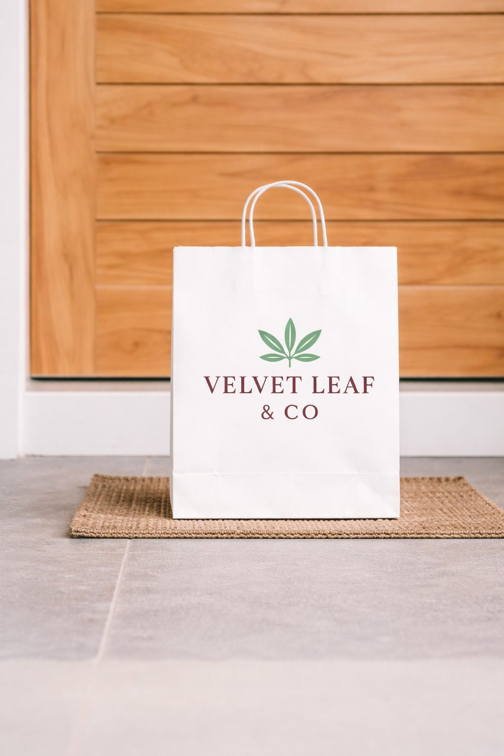A Velvet Leaf & Co delivery bag waiting on a doorstep — cannabis delivery Denver Aurora